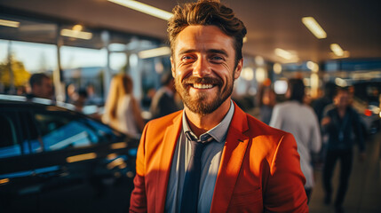 Car salesman smiling pleasantly standing in the sales hall in the evening light