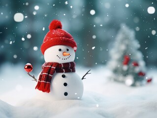 Fototapeta premium Cute snowman with a red hat and scarf. Christmas season