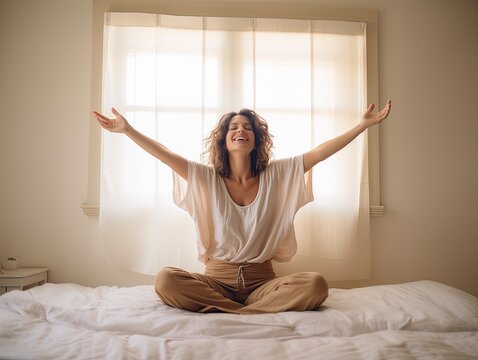 Happy young woman sitting in bed with open arms