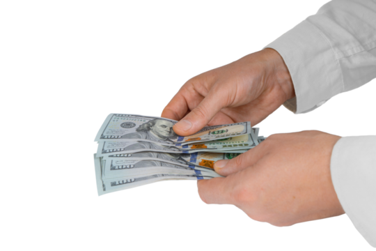 Man counting money. Allocation of money, economy concept, US dollar falling or rising. Man hands with dollar cash isolated on white, transparent background, PNG. Finance, bank, currency..