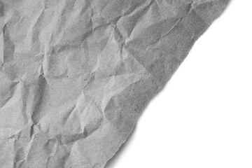 Recycled crumpled gray paper texture with diagonal torn edge isolated on transparent, white...