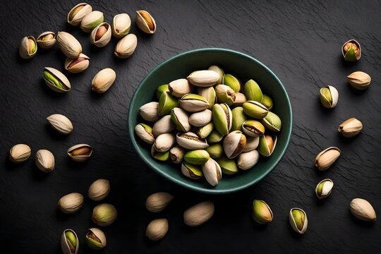 pistachios in a bowl isolated in the middle on black background