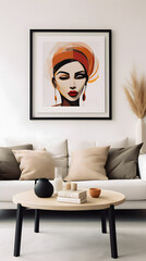 White sofa and black coffee table against white wall with art poster. Scandinavian boho home interior design of modern living room.