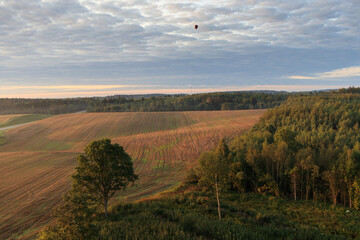 A hot air balloons with people flies over forests and fields in the morning at dawn