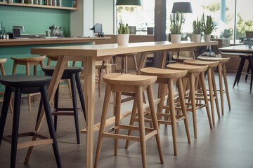 Vertical image of stools next to tables and seats. Generative AI
