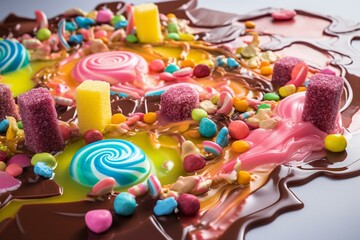 Fototapeta na wymiar Melting candyland with sweet treats like gummies, lollipops, chocolates, gumdrops, licorices, mints, nougats. Generative AI