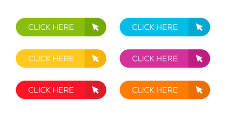 Click here button with arrow pointer clicking icon. Click here vector web button. - obrazy, fototapety, plakaty