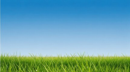 Fototapeta na wymiar A Panoramic View of Lush Green Grass Beneath a Clear Blue Sky, Capturing the Essence of Refreshing Spring Nature.