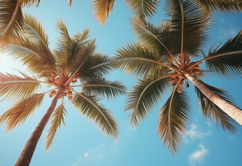 
Blue sky and palm trees view from below, vintage style, tropical beach and summer background, travel concept realistic image
