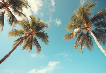 Fototapeta na wymiar Blue sky and palm trees view from below, vintage style, tropical beach and summer background, travel concept realistic image