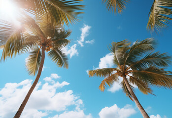 Fototapeta premium Blue sky and palm trees view from below, vintage style, tropical beach and summer background, travel concept realistic image