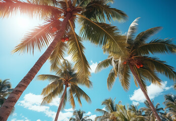 
Blue sky and palm trees view from below, vintage style, tropical beach and summer background, travel concept realistic image