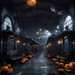 Halloween Backdrop, Haunted Train Station, ,HALLOWEEN DIGITAL BACKDROP, pumpkin party decor kid photography background overlay horror train, pumpkin, pumpkins, bat, spiderweb, train, train station, 