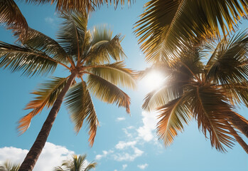 
Blue sky and palm trees view from below, vintage style, tropical beach and summer background, travel concept realistic image
