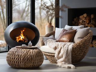 Scandinavian hygge living room with a rattan lounge chair, wicker pouf, and a white sofa near the fireplace