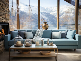 Chic chalet-style living room featuring two blue sofas near a cozy fireplace, showcasing a modern Scandinavian interior design