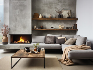 Scandinavian loft living room features a grey corner sofa against a shelving wall unit and fireplace, with a stylish concrete wall backdrop.