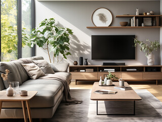 Modern Scandinavian living room with a gray sofa positioned against the TV unit, adorned with a stylish fan lamp on the ceiling.