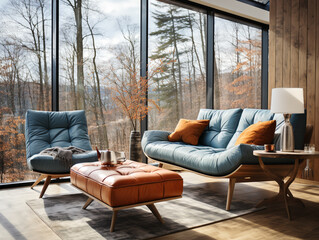 Modern Scandinavian living room with a blue sofa and chair set against a floor-to-ceiling window that frames a serene forest view