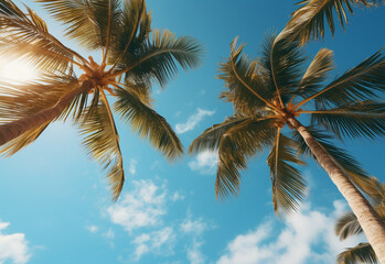 
Blue sky and palm trees view from below, vintage style, tropical beach and summer background, travel concept realistic image