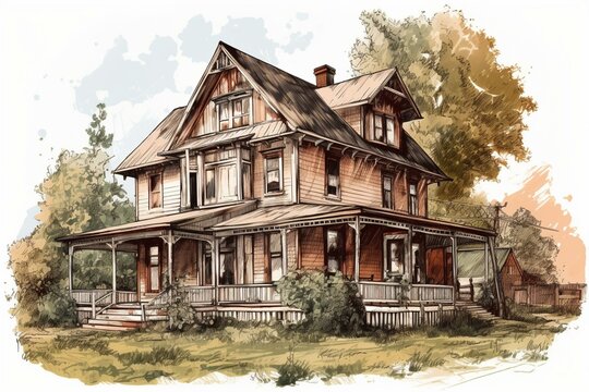 An illustrated image of a rustic farmhouse. Generative AI