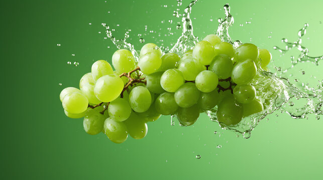 watersplash with grapes against green background