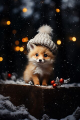 Obraz premium A small, cute little fox in a gray knitted hat sits in the winter forest. Snowing. Blurred background, bokeh. Christmas poster, greeting card. Vertical. Generative AI.