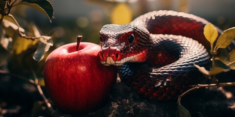 Eden Sentinel: A Black Snake Guards a Red Apple, Evoking the Mythical Imagery of a Serpent Watching Over Forbidden Fruit in Paradise's Lush Abode - obrazy, fototapety, plakaty