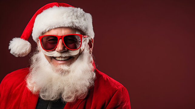 Santa Claus smiling with hat and sunglasses against a red background, Generative AI