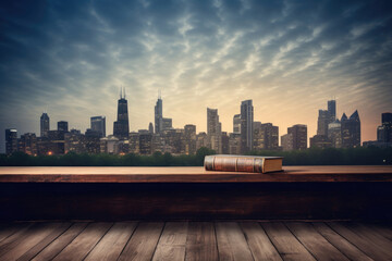 Fototapeta premium Metropolitan Woodlands: Wood planks form a natural backdrop against the bustling cityscape, harmonizing urban energy with the tranquility of wood