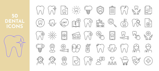 Dental line icons set. Teeth, tooth, care, oral cavity, dentist, tooth crown, dentist, dentistry, treatment, prosthetics, health, people. Vector stock illustration.  