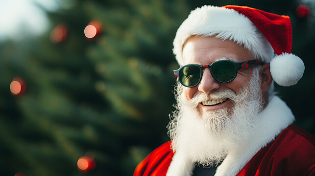 Santa Claus smiling with sunglasses against a green background and bokeh lights, Generative AI