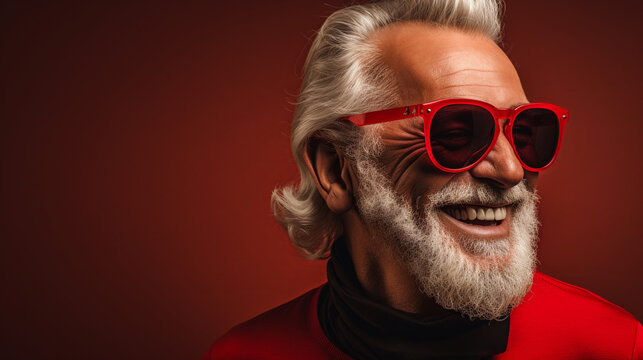 A smiling man with white hair, mustache and beard wearing sunglasses, Santa Claus against a red background, Generative AI - Powered by Adobe