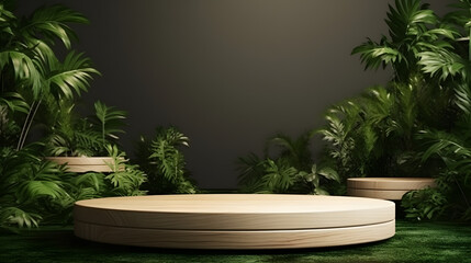 Fototapeta na wymiar Wooden podium in tropical forest for product presentation.3d rendering