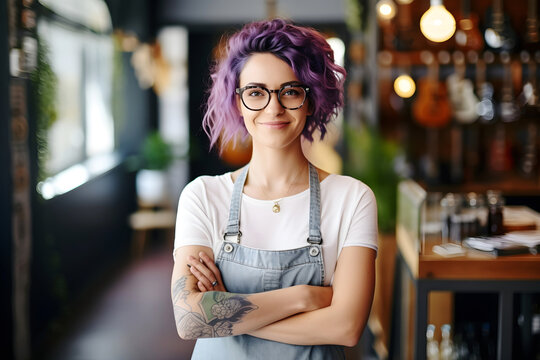 A young, gen z female entrepreneur with an unconventional style and purple hair stands confidently in her creative workshop or guitar shop, showcasing individuality and a spirit of nonconformity.