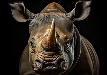 Naklejka premium Realistic closeup portrait of a rhino on dark background. AI generated