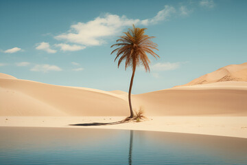 A Single Palme Tree Stands in Front of a Pristine Desert Oasis