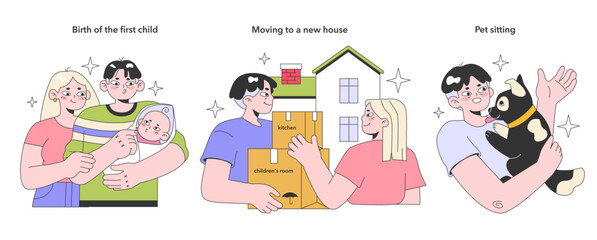 Adult life milestones set. Growing and maturing, building career and family.