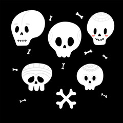 Set of Halloween skulls with crossbones. Monsters faces. Design elements for logo, banner, label, poster