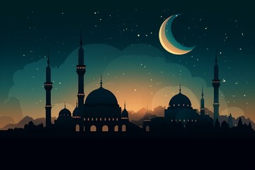Mosque silhouette, starry night, crescent moon. Generative AI