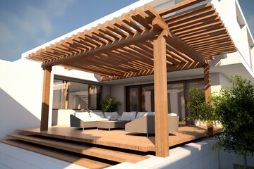 A 3D design of a contemporary pergola in an outdoor patio. Generative AI - obrazy, fototapety, plakaty