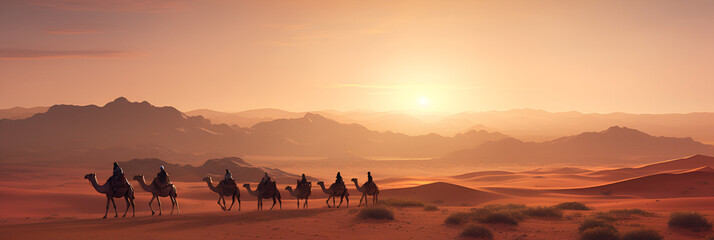 Fototapeta na wymiar A Bedouin Tribe Travels By Camel Across the Sahara Desert