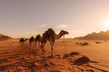 A Caravan of Camels Wanders Through the Desert