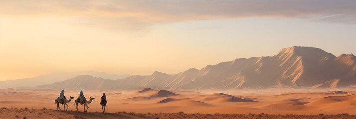 Three Camels Look Over the Beautiful Desert Surroundings  - obrazy, fototapety, plakaty