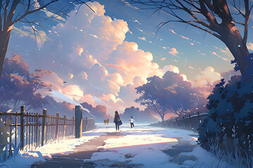 Beautiful cartoon winter landscape. Generative AI illustration in anime style - obrazy, fototapety, plakaty