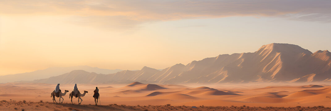 Three Camels Look Over the Beautiful Desert Surroundings 