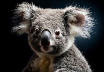 Realistic portrait of a koala isolated on dark background. AI generated