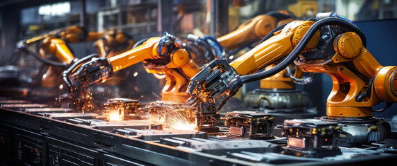 Robotic assembly line conveyor at a modern factory - obrazy, fototapety, plakaty