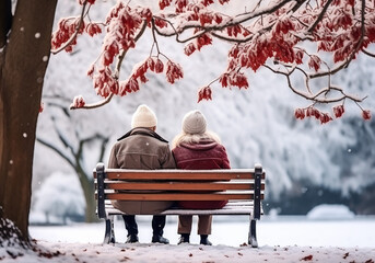 Senior couple sitting on garden bench in autumn with falling snow. Tenderness and complicity. AI generated - obrazy, fototapety, plakaty