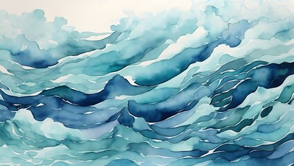 Obraz premium Watercolor Background Design That Encapsulates The Serene Beauty Of Azure Blue And Turquoise Tones, Depicting An Abstract Sea Waves Pattern With A Gradient Effect AI Generative